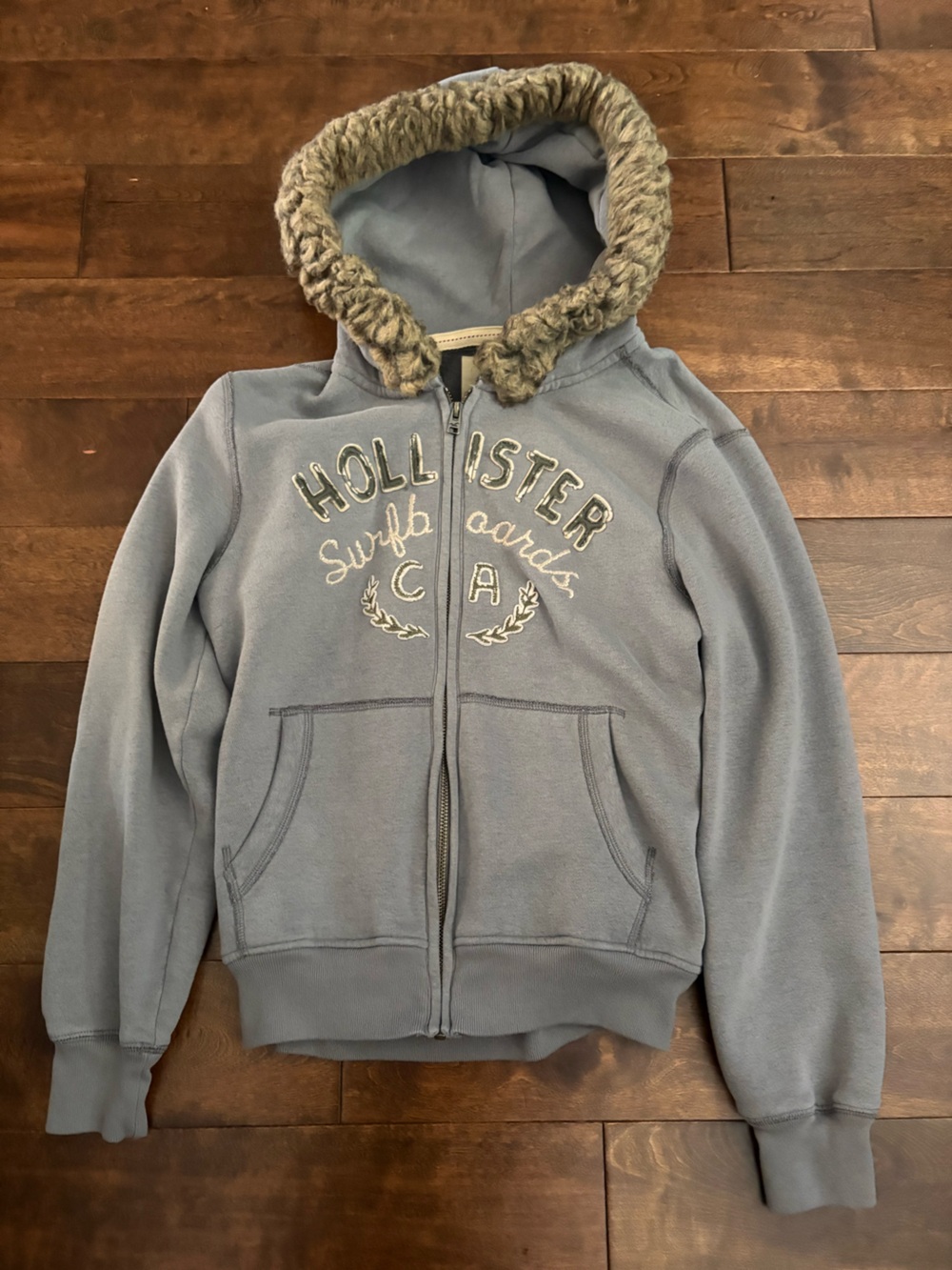 Hollister Girls' Dusty Blue Zip Hoodie with Faux-Fur Trim